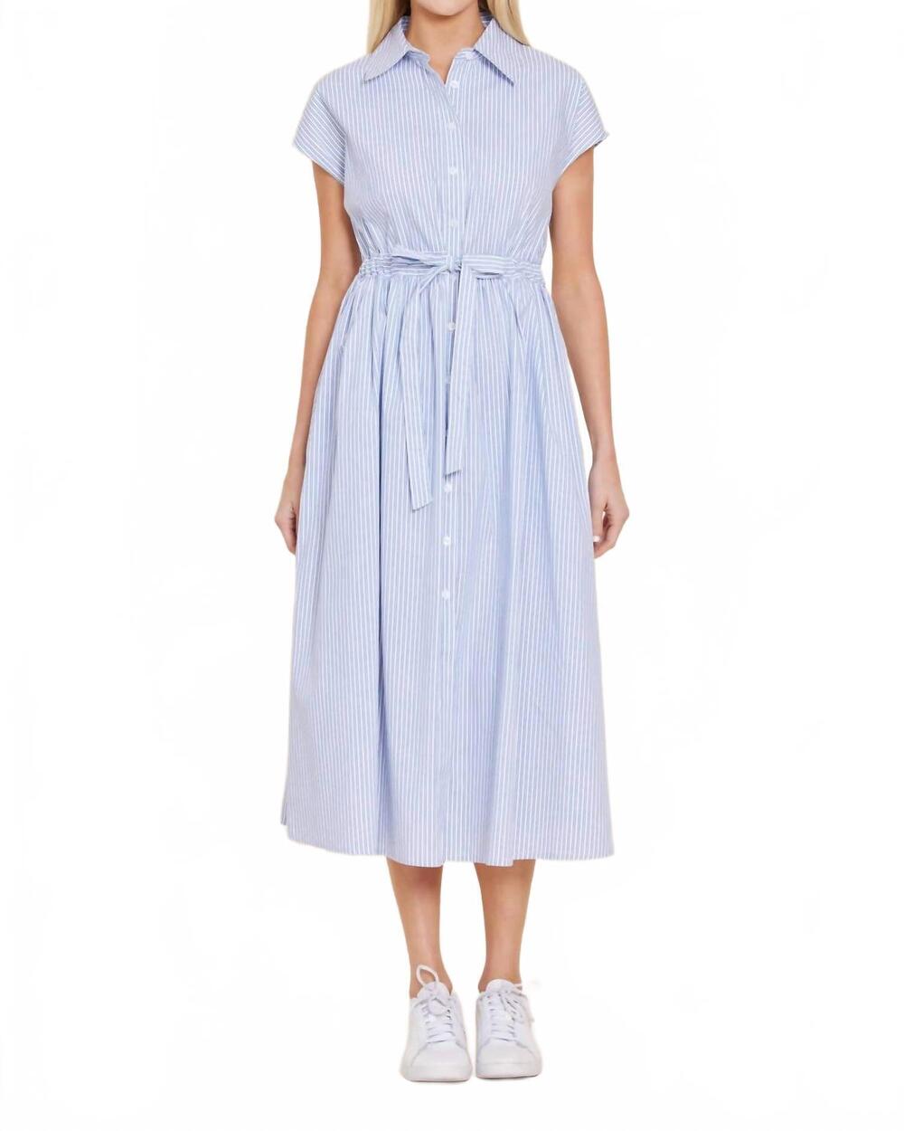 NEW DOLCE CABO poplin belted shirt midi dress in blue multi